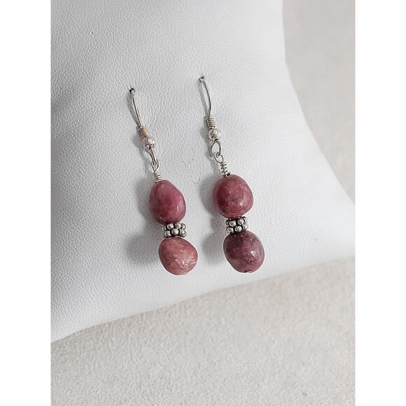 Vintage Rhodonite Sterling Silver Dangle Earrings French Hooks Drop Gemstone - Picture 2 of 5